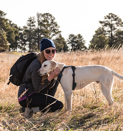 woman with her dog wearing lightweight crew